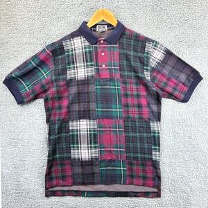 Cassini Polo Shirt Men's Medium Purple Green Patchwork Plaid Vintage Casual